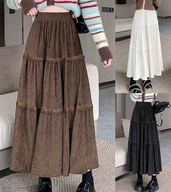 ロングスカート マキシ丈スカート 厚手 フリル カジュアル シンプル かわいい 秋冬 M ベージュ拍卖