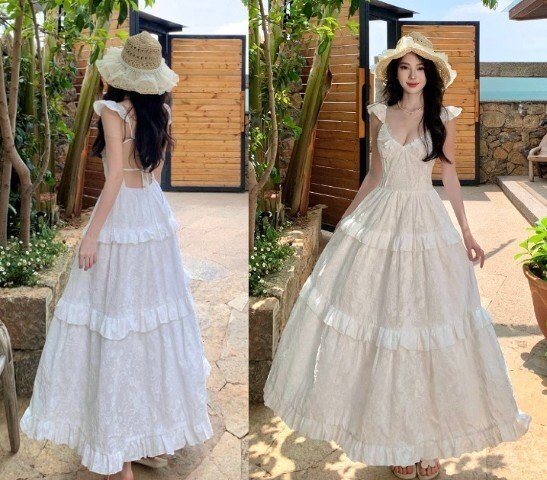 ロングワンピース ミニ袖 フリルワンピース 背中見せ バックオープン きれいめ ドレス リゾート風 XL ホワイト拍卖