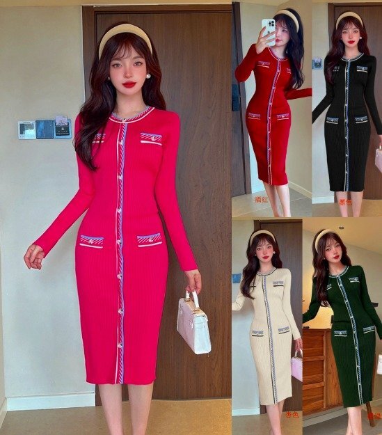 ロングワンピース ニット 長袖 ガーリー かわいい レディース フリー ブラック拍卖