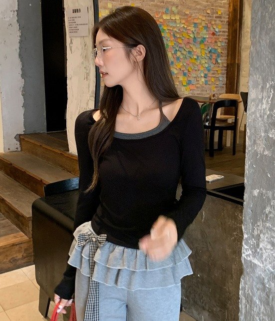 長袖Tシャツ 切り替え スリム 着痩せ シンプル M ブラック拍卖