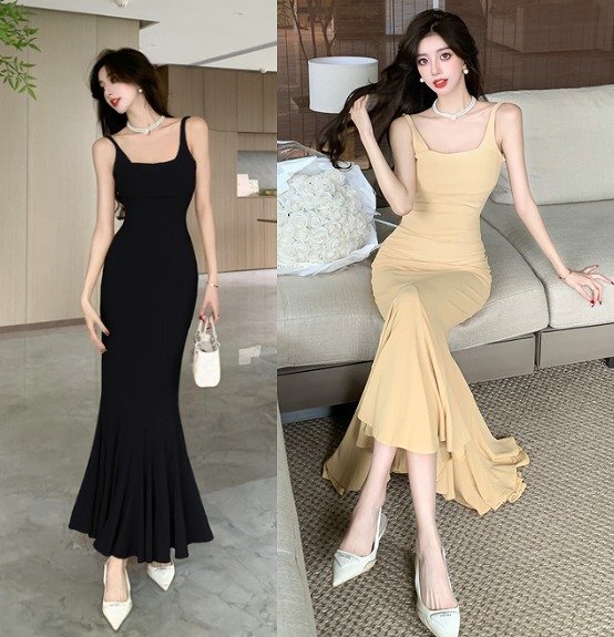 ロングワンピース キャミワンピース フリル シンプル カジュアル セクシー パーティードレス レディース M ブラック拍卖