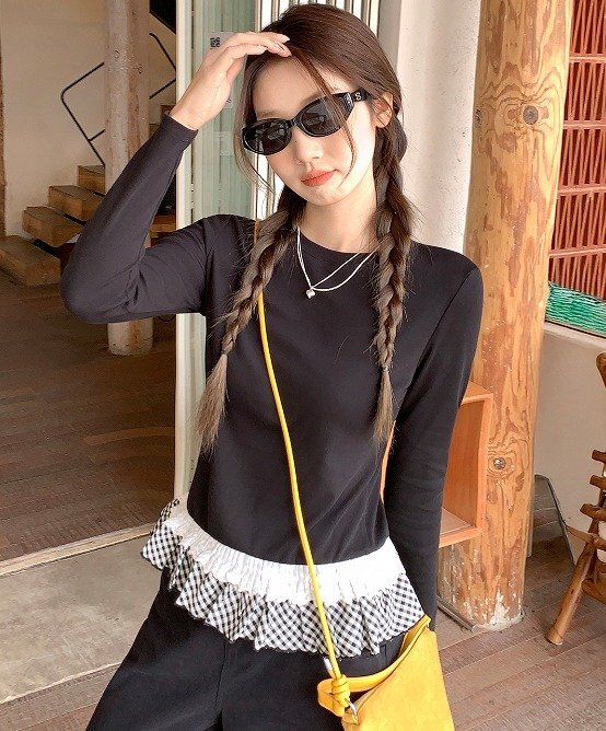 長袖Tシャツ フリル 切り替え バイカラー スリム 着痩せ S ブラック拍卖
