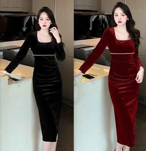 長袖ワンピース ひざ丈ワンピ スクエアネック シンプル カジュアル セクシー レトロ【大きいサイズあり】 M ワインレッド拍卖