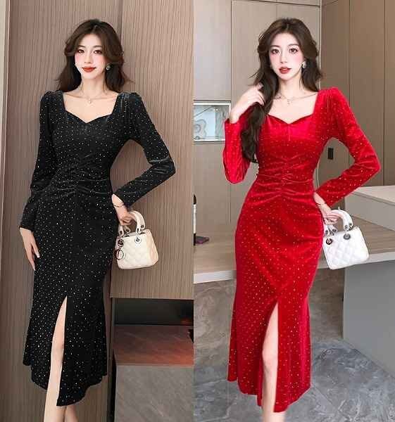 長袖ワンピース タイトスカート スリット フリル セクシー レトロ かわいい 秋冬 S ブラック拍卖