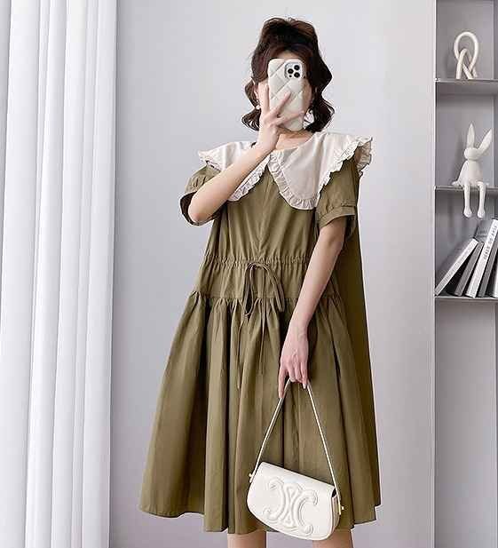 半袖ワンピース フリル 切り替え 体型カバー 着痩せ 【大きいサイズあり】 sweet系 L キャメル拍卖