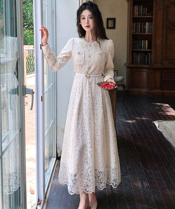 ワンピース フリル 切り替え スリム 着痩せ レース S ベージュ拍卖