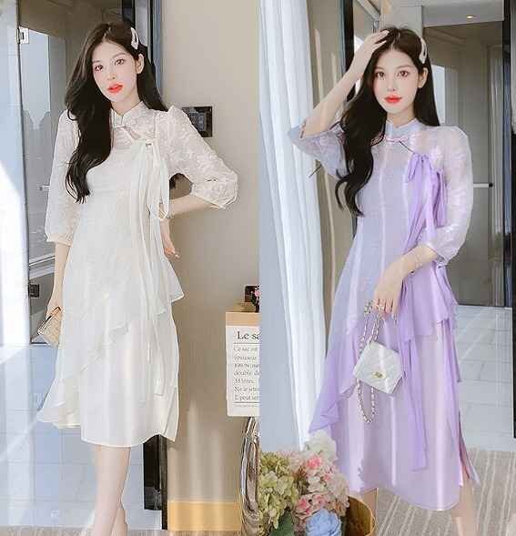 全2色 ワンピース フリル 切り替え スリム 着痩せ sweet系 XL パープル拍卖