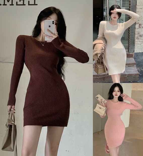 全5色 ニットワンピース 厚手 長袖 スリム 着痩せ カットソー 無地 シンプル フリー ベージュ拍卖