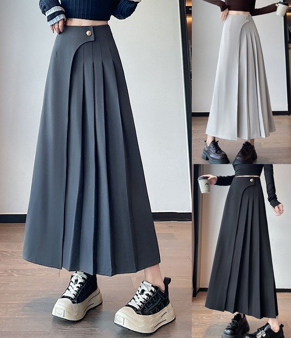 スカート フリル 切り替え スリム 着痩せ ハイウエスト L グレー拍卖
