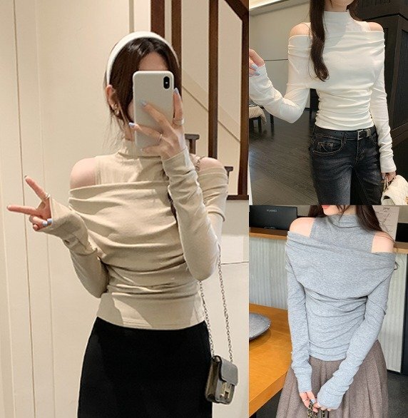 長袖トップス オフショルダー ハイネック 切り替え スリム 着痩せ シンプル XL オフホワイト拍卖