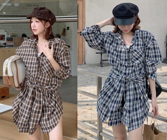 シャツ ブラウス 切り替え バイカラー 体型カバー 着痩せ チェック柄 シンプル フリー ブルー拍卖