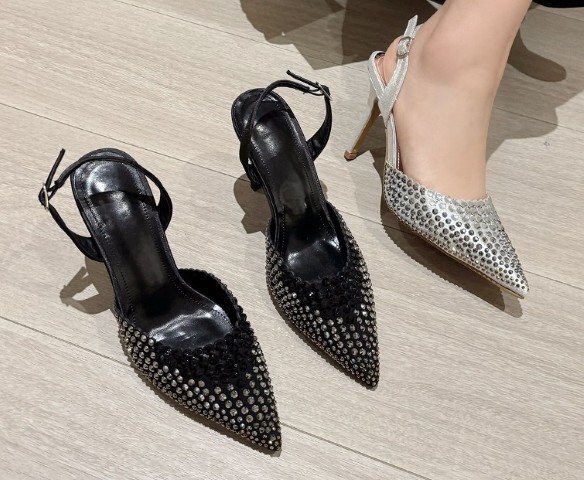 ハイヒールシューズ オフィス とんがりトゥ ラインストーン付 シンプル 【38】23.5~24cm ブラック拍卖