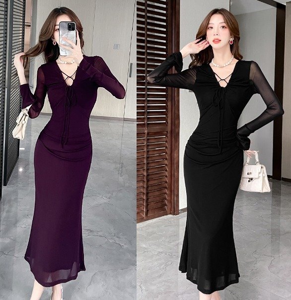 長袖ワンピース フリル 切り替え スリム 着痩せ シンプル L ブラック拍卖