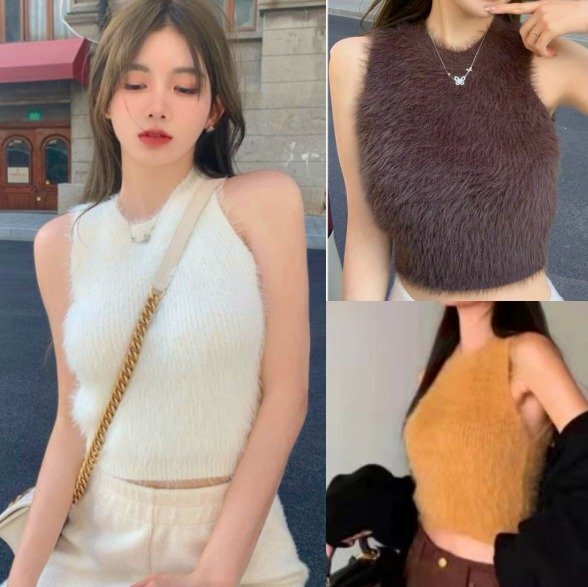 タンクトップ ベスト ショット丈 ファー付き 切り替え スリム 着痩せ フリー ブラウン拍卖
