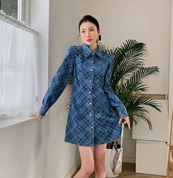 デニムワンピ 長袖 切り替え バイカラー スリム 着痩せ デニム シンプル S ブルー拍卖