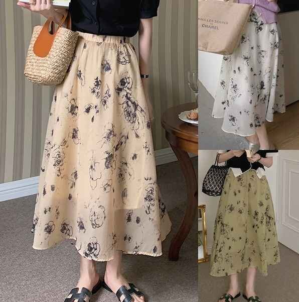 全3色 ロングスカート フリル バイカラー 体型カバー 着痩せ sweet系 フリー ホワイト拍卖