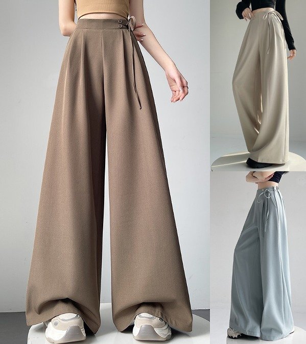 ワイド バギーパンツ ハイウエスト 切り替え 体型カバー 着痩せ XL スカイブルー拍卖