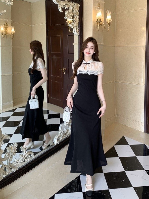 ロングワンピース 半袖 レース きれいめ 上品 清楚 フレアスカート 二次会 披露宴 懇親会 パーティードレス 3XL ブラック拍卖