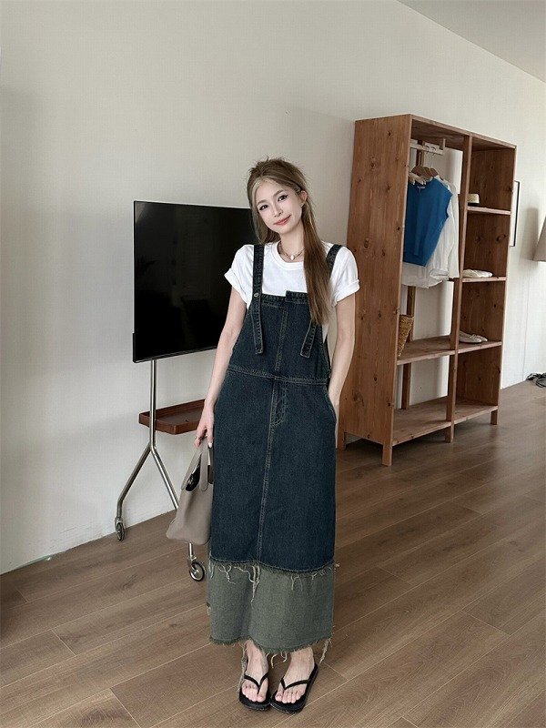 デニムワンピ ノースリーブ フリル 切り替え 体型カバー 着痩せ デニム L ブルー拍卖