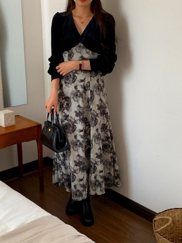 ワンピース フリル 切り替え バイカラー スリム 着痩せ拍卖