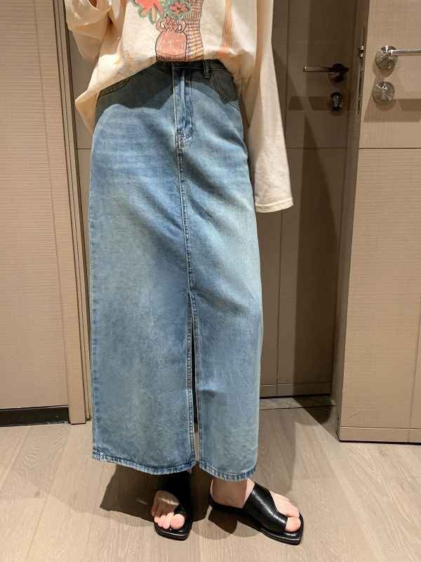 デニムスカート スリット ロングスカート カジュアル デニム シンプル S ブルー拍卖