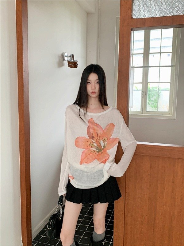 トップス 長袖 ゆったり 花柄 シンプル カジュアル レディース L ホワイト拍卖