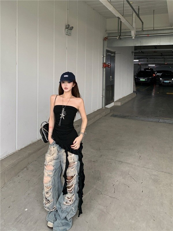 ノースリーブトップス アシンメトリー フリル 切り替え スリム 着痩せ シンプル S ワンカラー拍卖