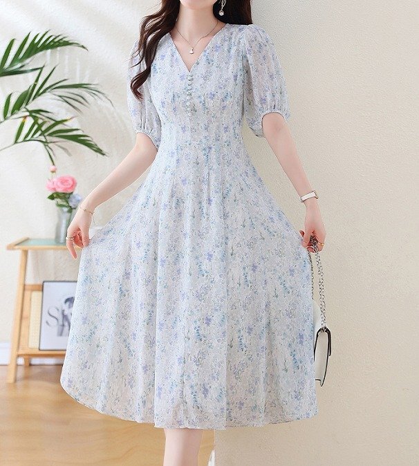 ひざ丈ワンピース ミディアム丈ワンピース 半袖 パフスリーブ フレア 花柄 シンプル カジュアル L ホワイト拍卖