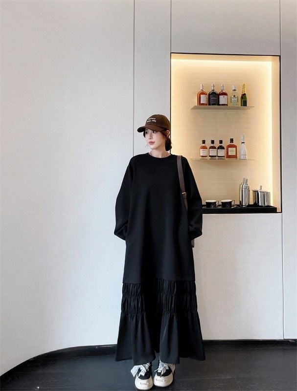 長袖ワンピース フリル 切り替え 体型カバー 着痩せ XL ブラック拍卖