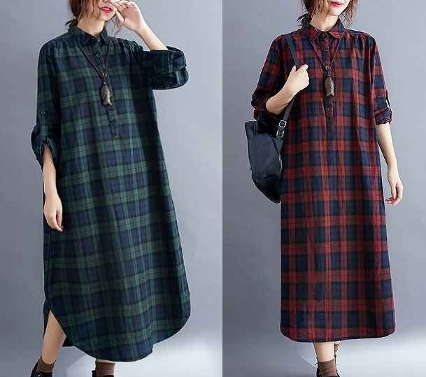 全2色 ワンピース スリット 切り替え バイカラー 体型カバー 着痩せ チェック柄 【大きいサイズあり】 L レッド拍卖