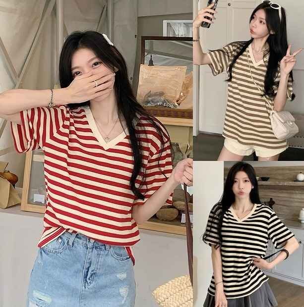 全3色 半袖Tシャツ Vネック 切り替え バイカラー 体型カバー 着痩せ ボーダー柄 【大きいサイズあり】 L レッド拍卖