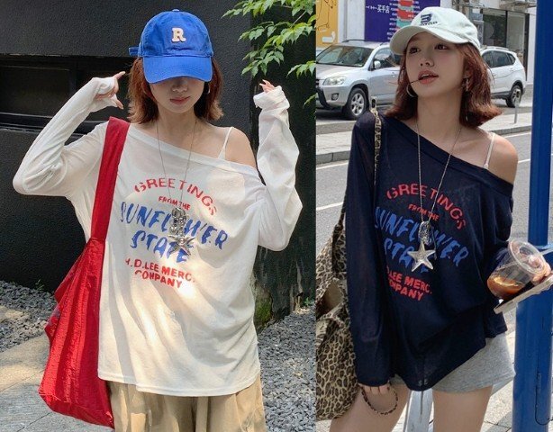 長袖Tシャツ 日焼け止め プリント バイカラー 体型カバー 着痩せ カジュアル フリー ダークブルー拍卖