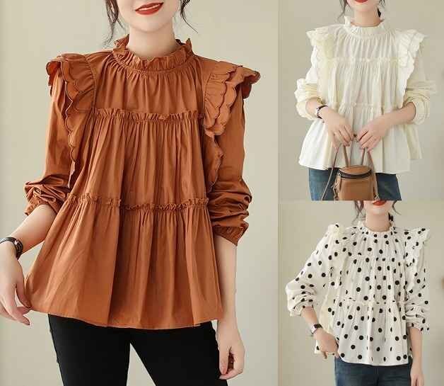 長袖トップス フリル 長袖ブラウス カットソー ゆったり カジュアル シンプル 無地 フリー ブラウン拍卖