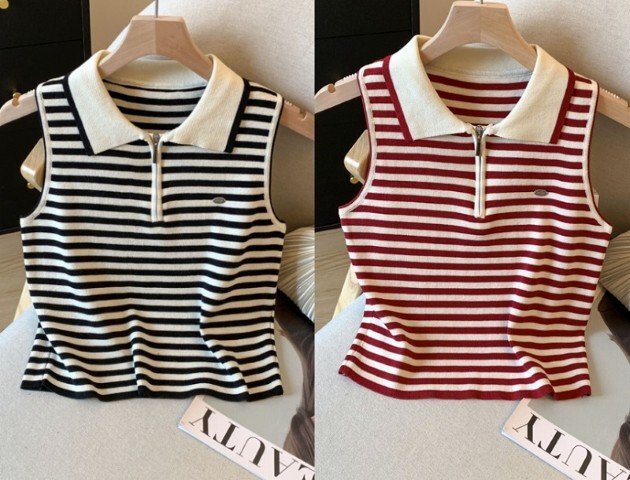 ノースリーブトップス 切り替え バイカラー スリム 着痩せ ボーダー柄 シンプル XL ブラック拍卖