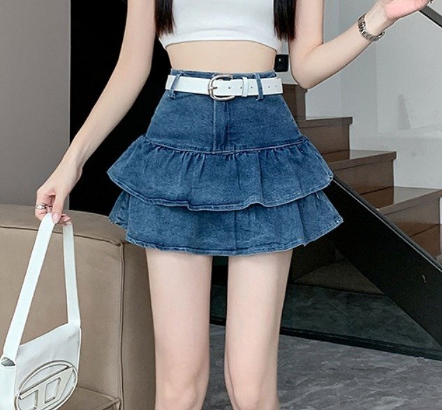 デニムスカート フリル ミニスカート ショートスカート シンプル カジュアル かわいい お出かけ レディース XL ブルー拍卖