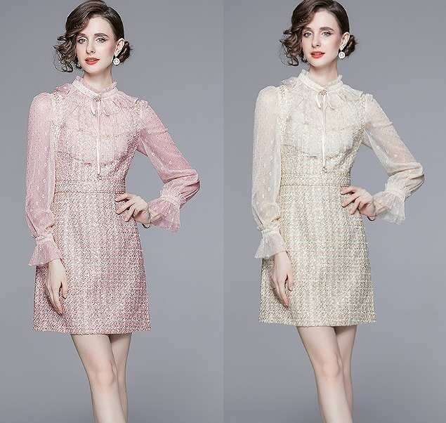 ミニワンピース フリル きれいめ ドレス 長袖 懇親会 二次会 【大きいサイズあり】 M ピンク拍卖