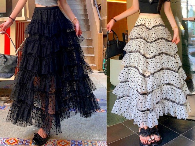 スカート チュール フリル 切り替え 体型カバー 着痩せ ドット柄 sweet系 L ホワイト拍卖