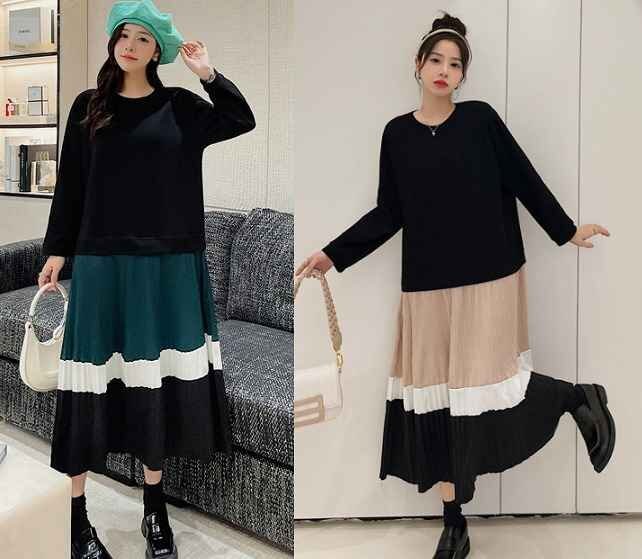 全2色 長袖ワンピース ロング丈 フリル 切り替え バイカラー 【大きいサイズあり】 3XL ベージュ拍卖