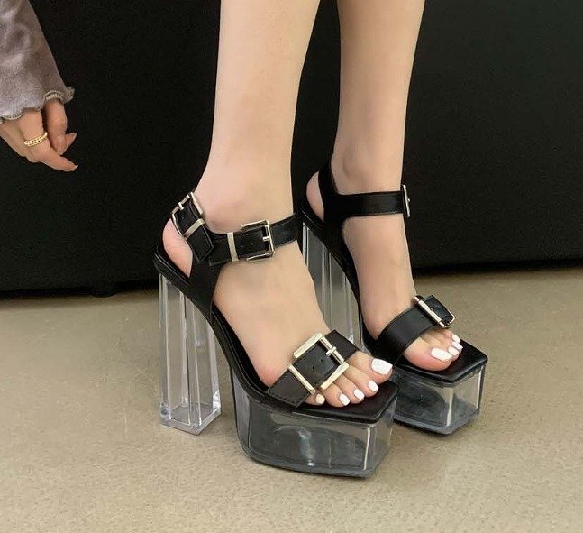 ハイヒールシューズ オフィス 太いヒール 切り替え シンプル 【36】22.5~23cm ブラック拍卖