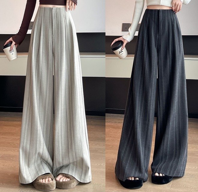 ワイド バギーパンツ 切り替え バイカラー 体型カバー 着痩せ ストライプ柄 2L ベージュ拍卖