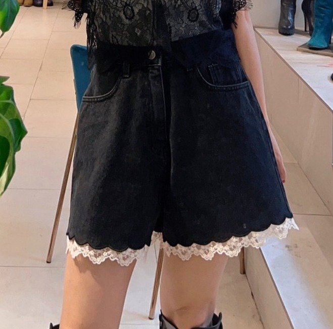 ミニパンツ ショートパンツ Gパン デニムパンツ レース シンプル カジュアル レディース S ブラック拍卖