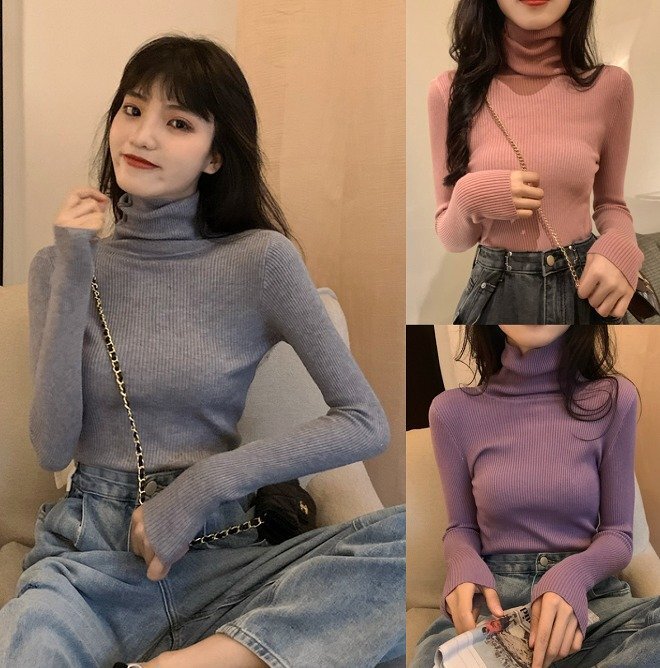 ニット ハイネック 長袖 スリム 着痩せ カットソー シンプル フリー 色品番7拍卖