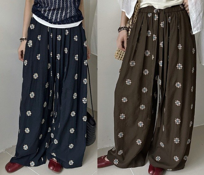 ワイド バギーパンツ 切り替え バイカラー 体型カバー 着痩せ カジュアル フリー ダークブルー拍卖