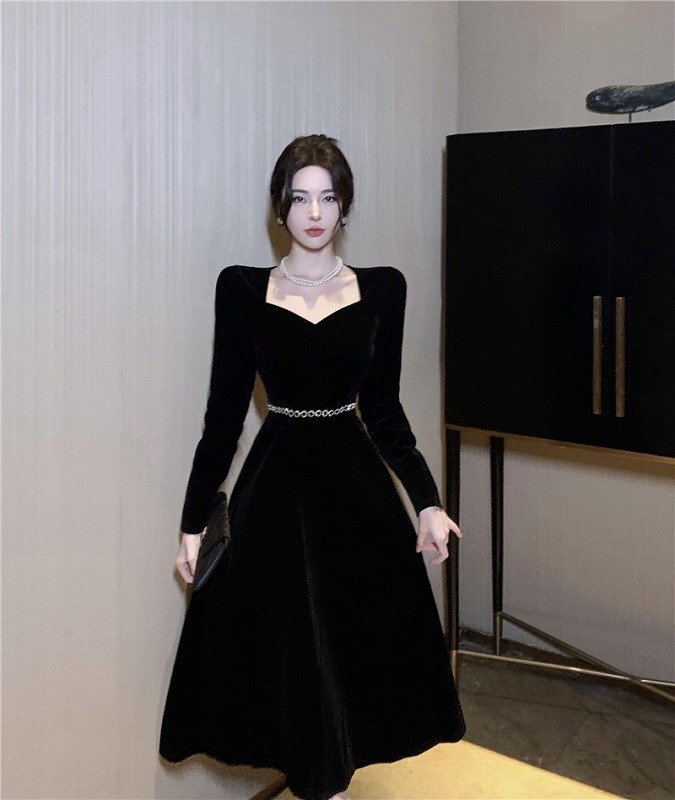 長袖ワンピース フリル 切り替え スリム 着痩せ シンプル L ブラック拍卖