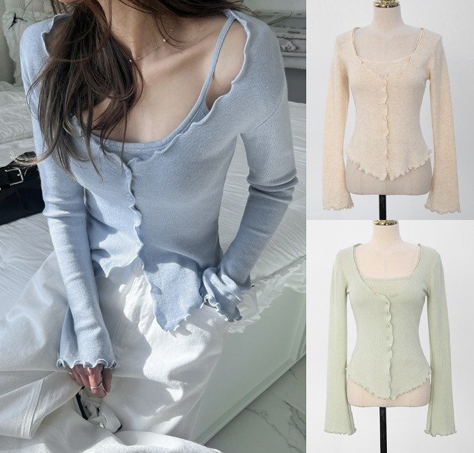 トップス フリル 切り替え スリム 着痩せ シンプル フリー ブルー拍卖