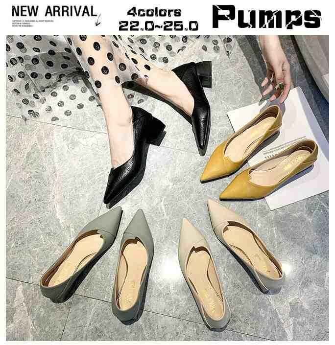 2WAYレディース 太ヒールパンプス ポインテッドトゥ チャンキーヒール 美脚 シューズ 38 グリーン拍卖