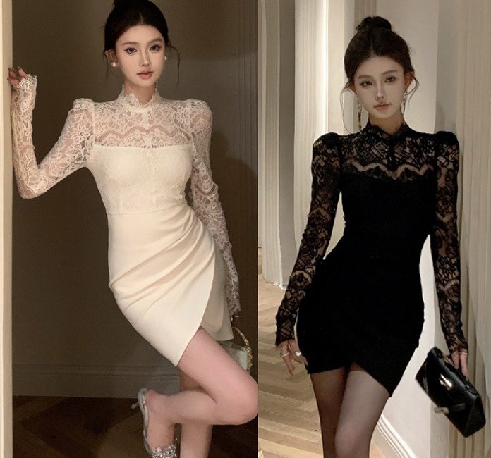 ミニワンピース ショート丈ワンピース 長袖 レース タイト パーティー キャバクラ ドレス シンプル レディース M オフホワイト拍卖