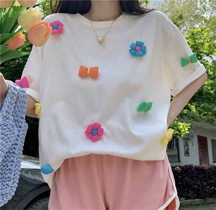 半袖Tシャツ 大きいサイズ 花 リボン ロング丈Tシャツ ゆったり感 かわいい 韓国ファッション XL ピンク拍卖