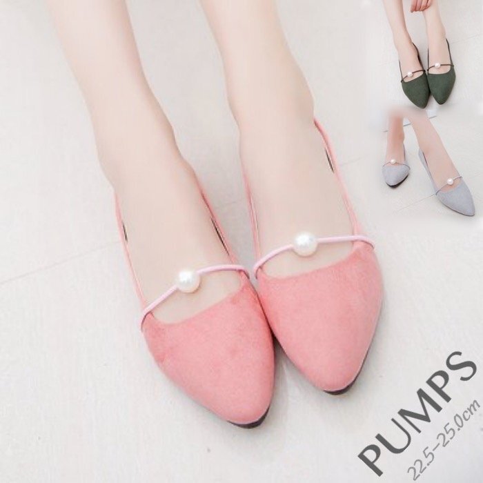 パンプス レディース パール フラット ぺたんこ可愛い ローヒール スエード 3色 23.0cm(36) 101グリーン拍卖