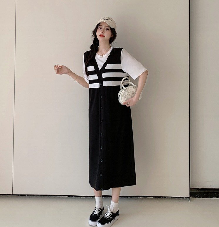 ロングワンピース 半袖 ボーダー柄 お出かけ シンプル カジュアル ゆったり レディース L ブラック拍卖